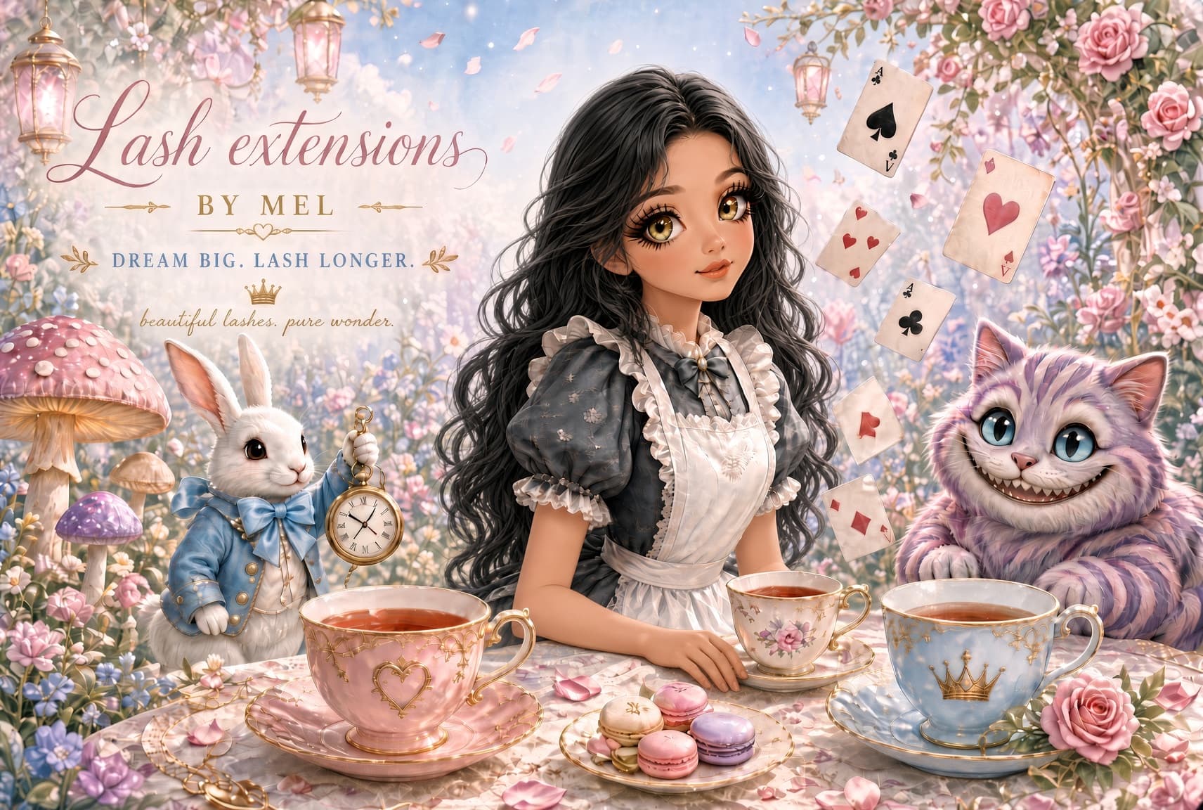Wonderland tea party illustration: "Lash extensions by Mel. Dream big. Lash longer."